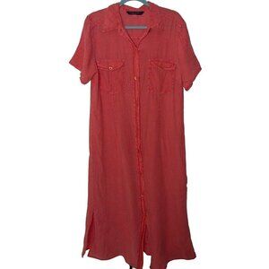 Marina Rinaldi Maxi Shirt Dress Size 12 Coral Linen Washed Button Front Pockets